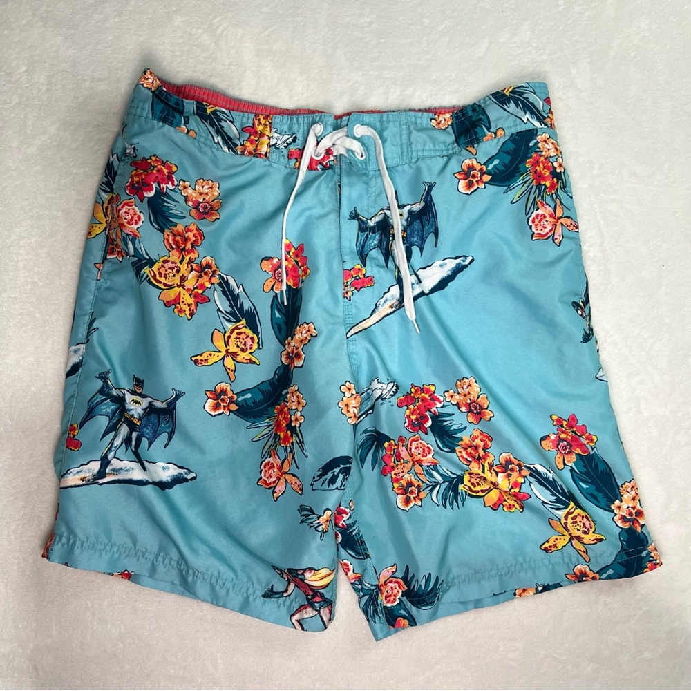 Batman Men’s Swim Trunks Shorts Floral Blue Size XL